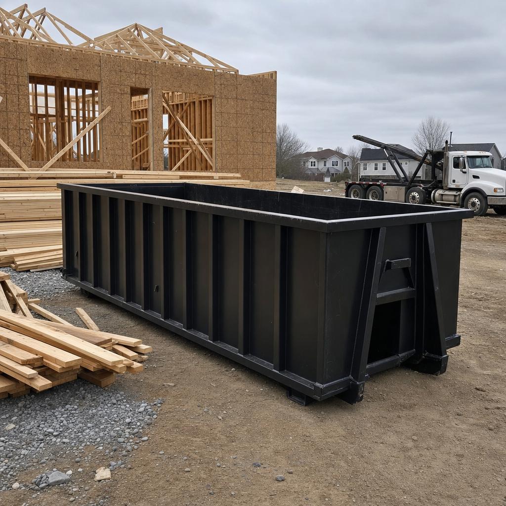 Matte-black 40-yard roll-off dumpster staged on a framed-out residential construction site in Grand Prairie, framing lumber stacked nearby, hooklift delivery truck visible in the background under bright Colorado daylight