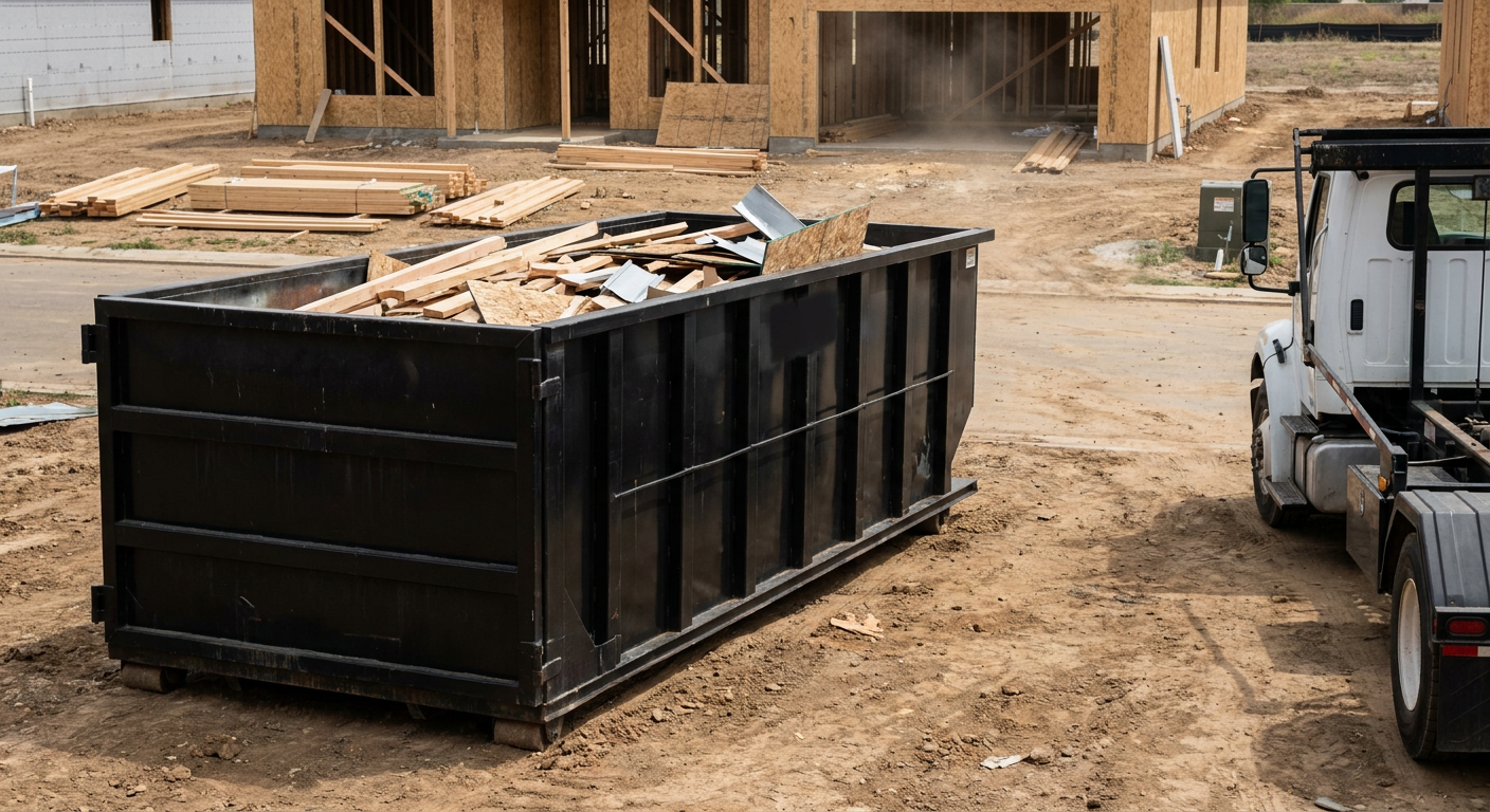 Matte-black 20-yard roll-off construction dumpster with heavy ribbed steel sidewalls and swing rear doors at a working jobsite in Grand Prairie, sitting directly on compacted dirt with an unmarked white hauler partially visible at the far edge of the frame.