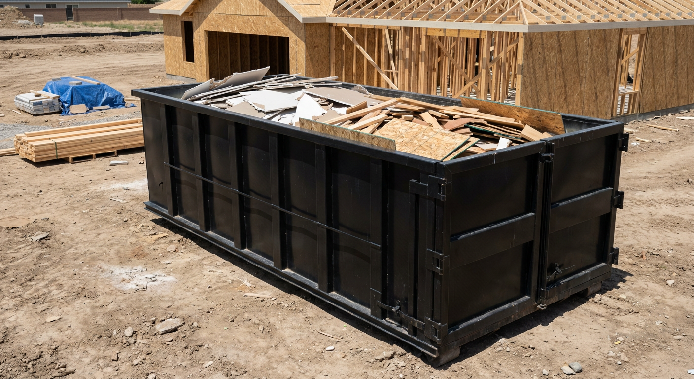 Matte-black 30-yard roll-off construction dumpster sitting directly on the compacted-dirt site of a framed single-family home build in Grand Prairie, drywall and lumber scrap loaded inside.