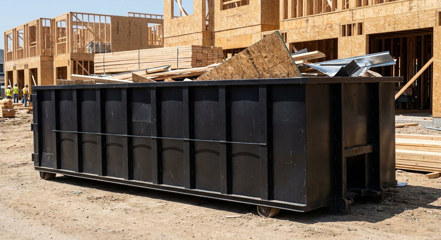 Matte-black 40-yard roll-off construction dumpster being lowered from a white-cab hooklift delivery truck onto the compacted-dirt jobsite at a commercial build site in Grand Prairie