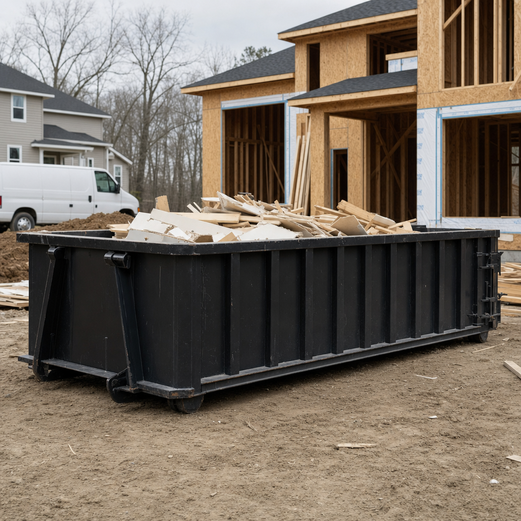 Worker in a yellow high-visibility vest tossing framing lumber and broken drywall into a matte-black 30-yard construction roll-off dumpster on an active build site in Grand Prairie, bright daylight