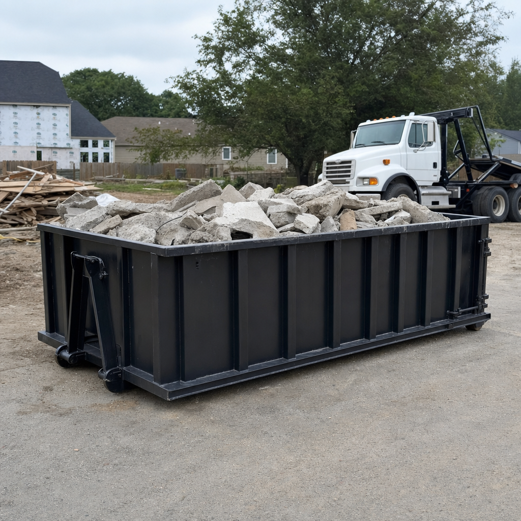 Low-profile matte-black lowboy roll-off dumpster loaded with broken concrete slab and rebar at a foundation tear-out in Grand Prairie, skid steer parked beside it, sunny Colorado morning