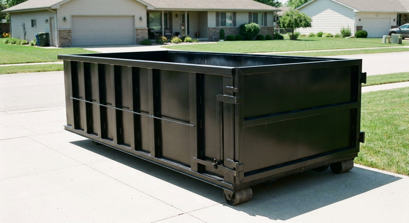 Matte-black 10-yard roll-off dumpster on a residential concrete driveway in Grand Prairie, uniformly painted matte black across every panel and rail, ribbed steel sidewalls and rear swing door visible, mid-day daylight.