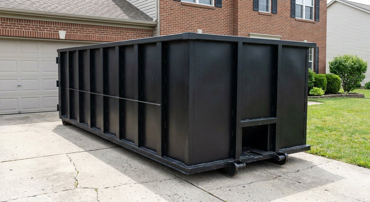 Matte-black 20-yard roll-off container on a Grand Prairie residential concrete driveway with reinforced ribbed steel sidewalls and a hinged rear walk-in door, clean bright daylight.