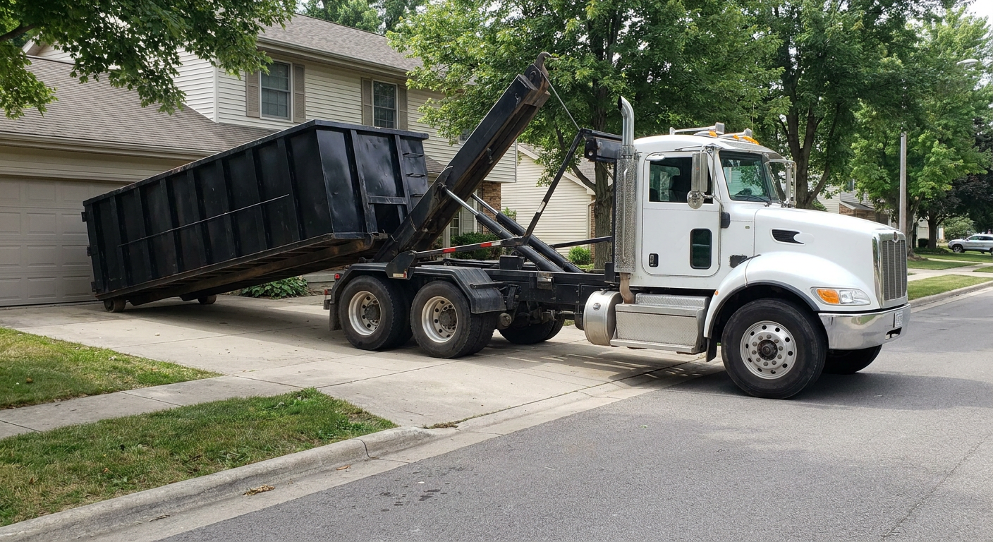 White-cab hooklift roll-off truck actively lowering a matte-black dumpster onto a Grand Prairie residential concrete driveway, the dumpster's rear wheels touching the driveway as the hoist arm tilts the bed forward, mid-morning daylight.