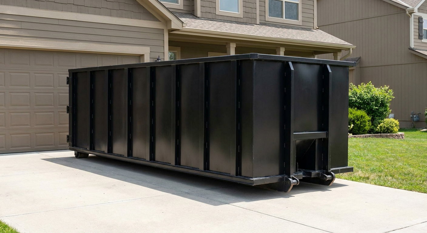 Matte-black residential roll-off dumpster sitting directly on a suburban Grand Prairie concrete driveway, garage door closed, single-family home in background, bright morning daylight.
