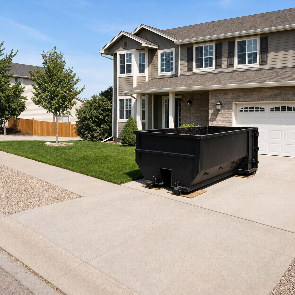 10-yard matte-black residential dumpster placed directly on a narrow Grand Prairie concrete driveway, room remains for a parked sedan beside it, mid-morning natural light
