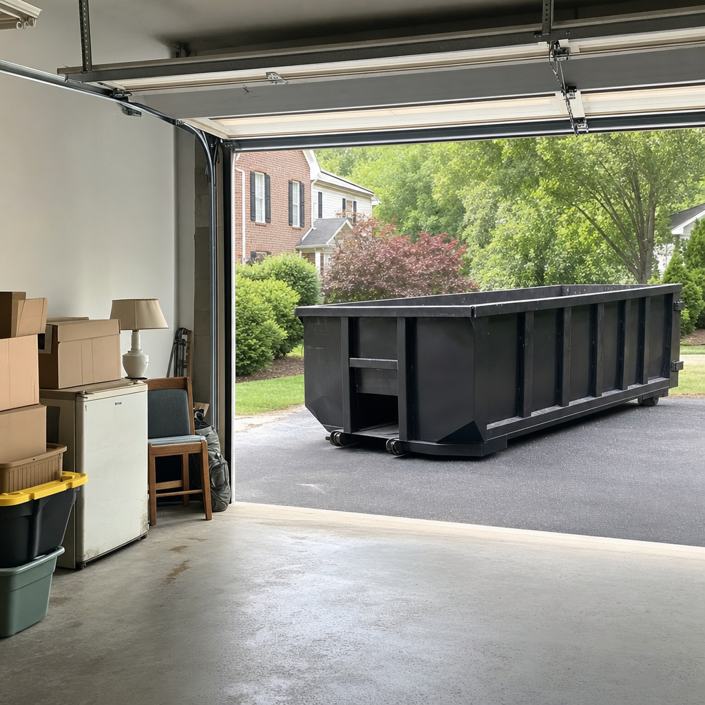 Open garage interior in a Grand Prairie home mid-cleanout — boxed items, an old appliance, and stacked yard tools queued near the driveway for a matte-black roll-off dumpster, organized and calm