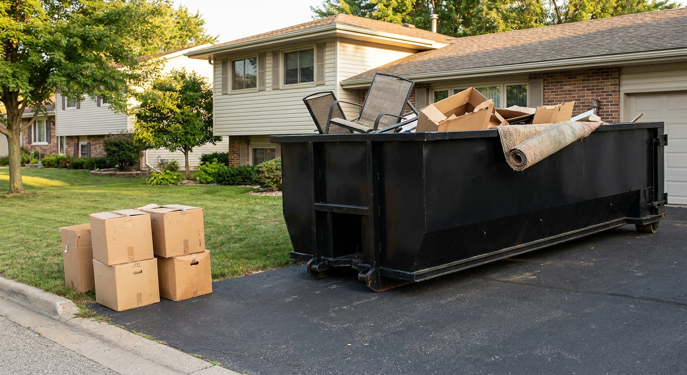 Front-yard view of a Grand Prairie split-level home with a 20-yard matte-black roll-off dumpster sitting directly on the asphalt driveway, a few clearly labeled donation boxes staged at the curb, calm sunny afternoon.