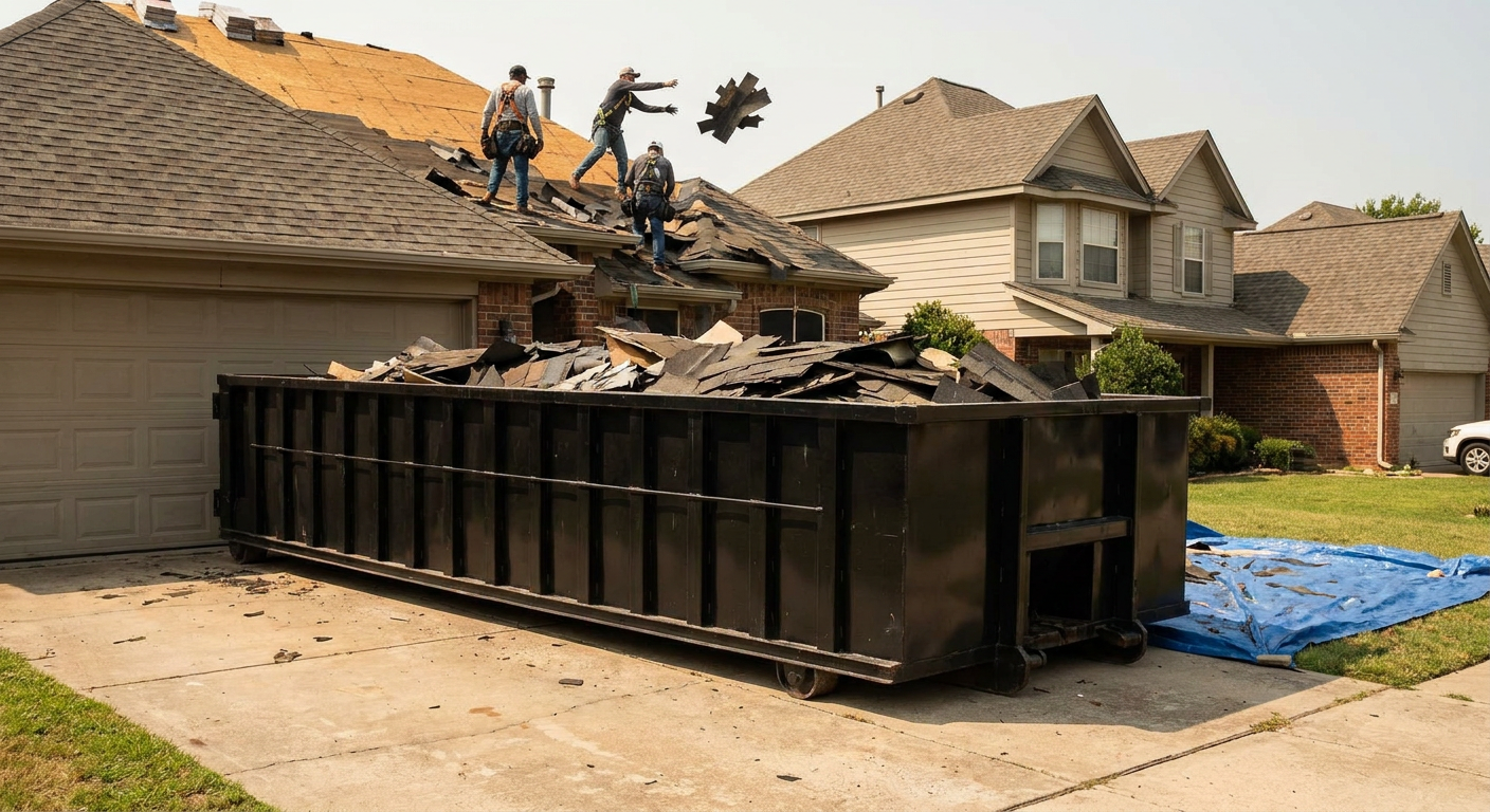 Matte-black roofing roll-off dumpster placed directly on a Grand Prairie residential concrete driveway, a tear-off crew on a two-story asphalt-shingle roof tossing shingle bundles into the low-walled container, bright daylight, documentary 35mm perspective.