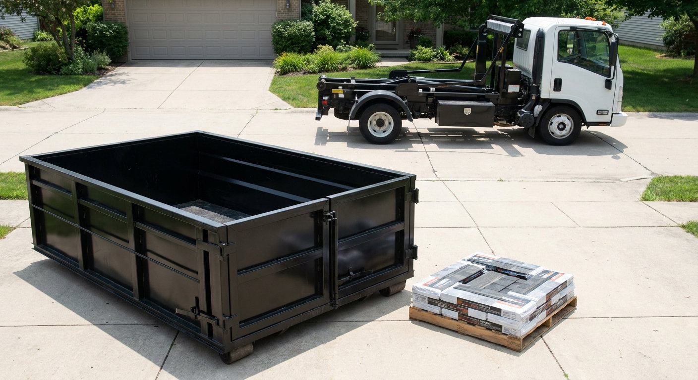 Matte-black 15-yard roofing roll-off dumpster with reinforced low side walls sitting directly on a Grand Prairie residential concrete driveway, three-tab asphalt shingle bundles stacked nearby, an unmarked white hauler truck partially visible at the edge of the frame.