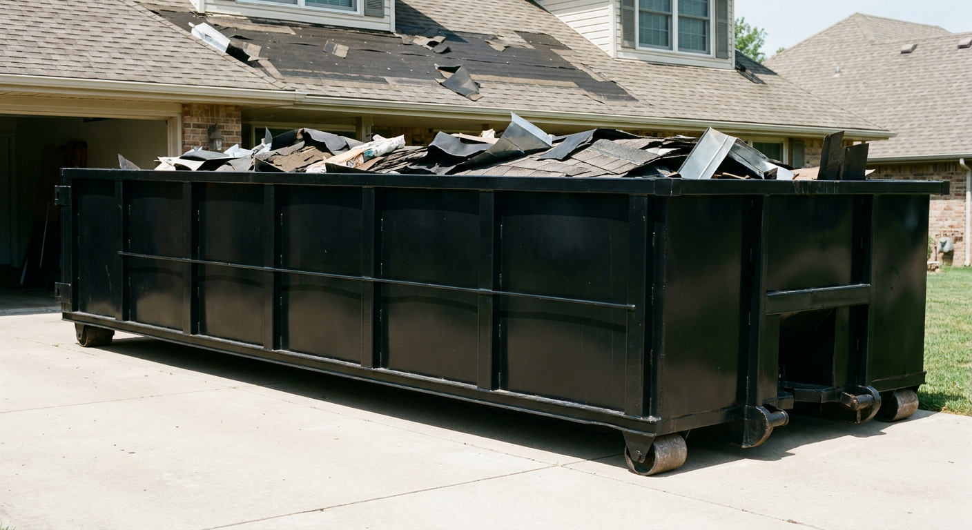 Matte-black 20-yard roofing roll-off dumpster with steel ribbed sides and swinging rear door, sitting directly on the concrete driveway of a two-story Grand Prairie home, asphalt shingle debris being loaded over the low wall, clean documentary lighting.