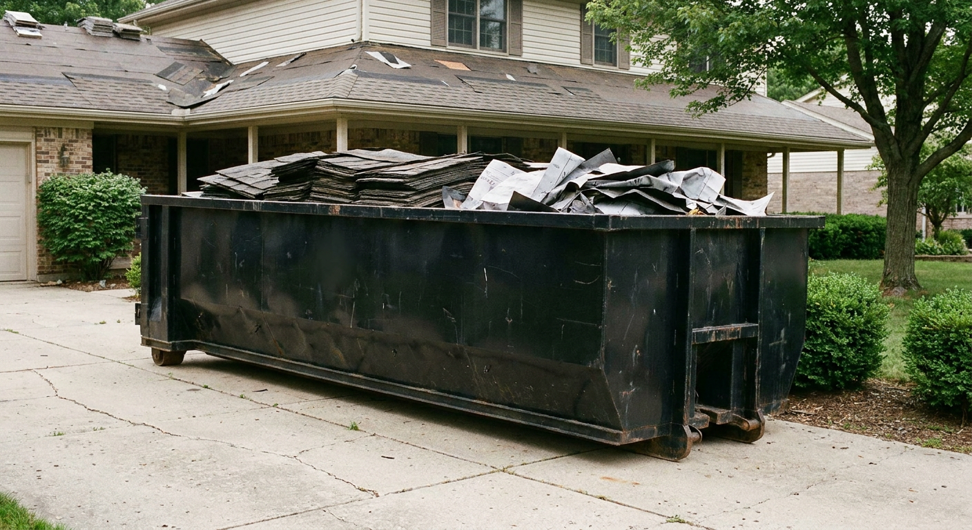 Matte-black 30-yard roofing roll-off dumpster sitting directly on a Grand Prairie concrete driveway, taller ribbed steel side panels, mixed tear-off debris of asphalt shingles and underlayment inside, professional documentary daylight.