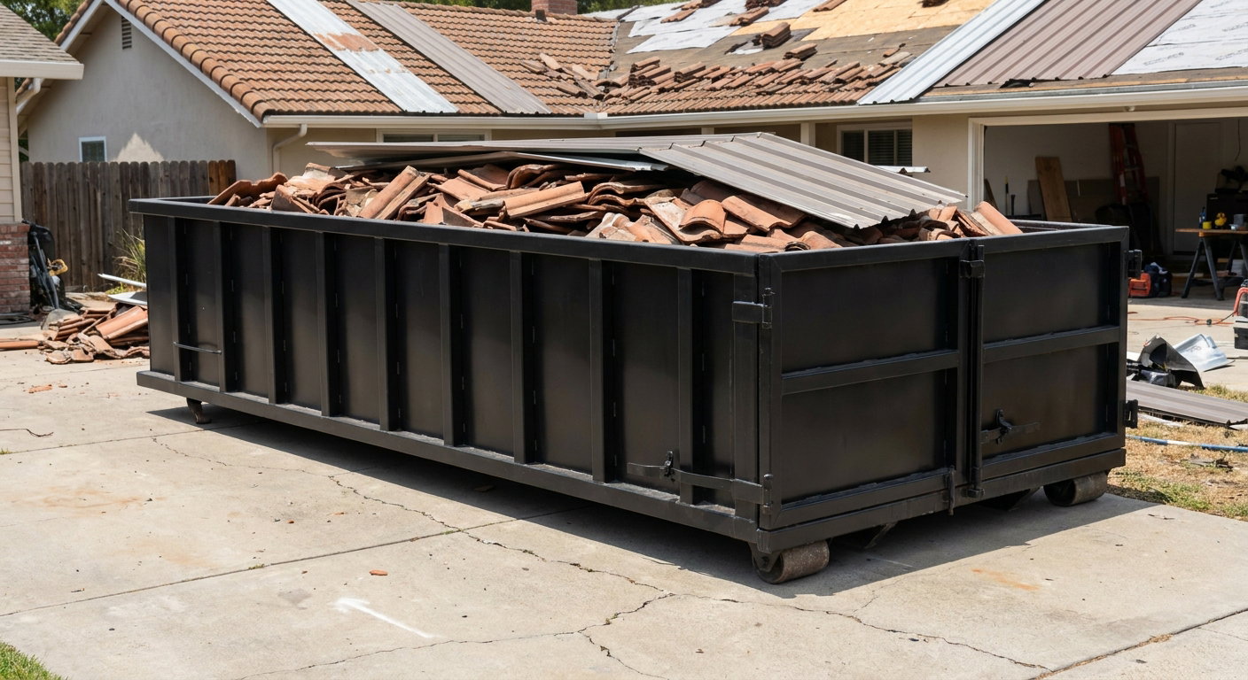 Matte-black low-wall heavy-debris roofing roll-off dumpster sitting directly on a Grand Prairie concrete driveway, broken concrete clay roof tiles and metal panel sections loaded inside, reinforced ribbed steel side walls visible, bright outdoor daylight.