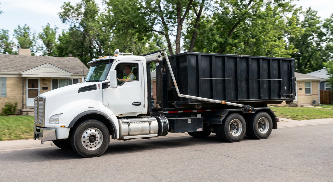 A wide documentary shot of a matte-black roll-off delivery truck pulling onto a quiet Grand Prairie residential street at mid-morning, with neighborhood rooftops and tree-lined blocks visible behind, showing the metro coverage footprint.