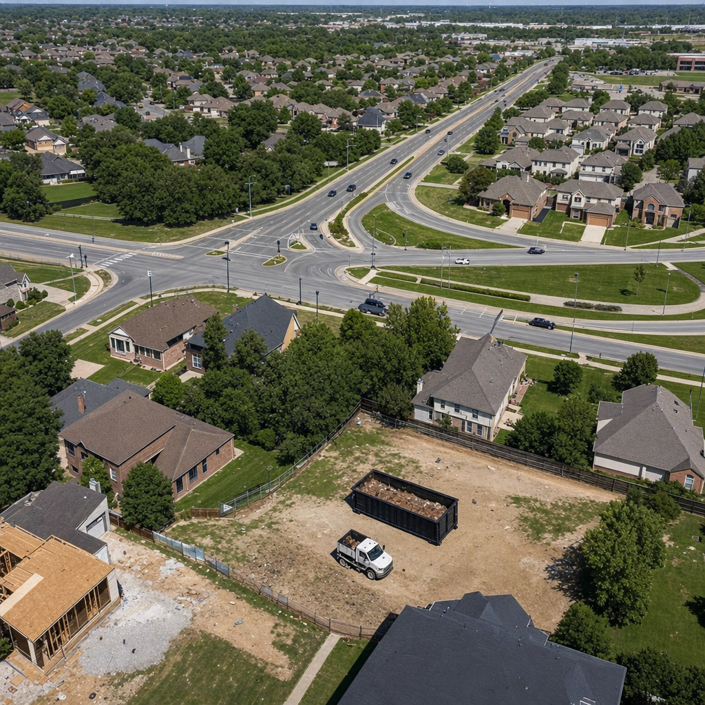 An overhead documentary view of the Grand Prairie metro area at midday, showing the spread of neighborhoods, arterial roads, and the dispatch radius from a central yard — clean daylight, organized geographic layout.