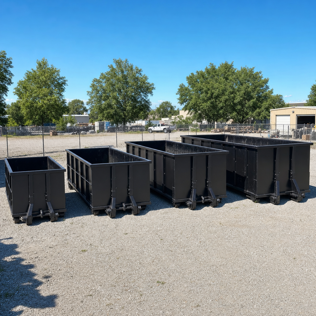 A clean lineup of matte-black roll-off dumpsters in 10, 20, 30, and 40-yard sizes staged on a sunlit gravel yard in Grand Prairie, showing the size progression from compact to commercial-scale containers.