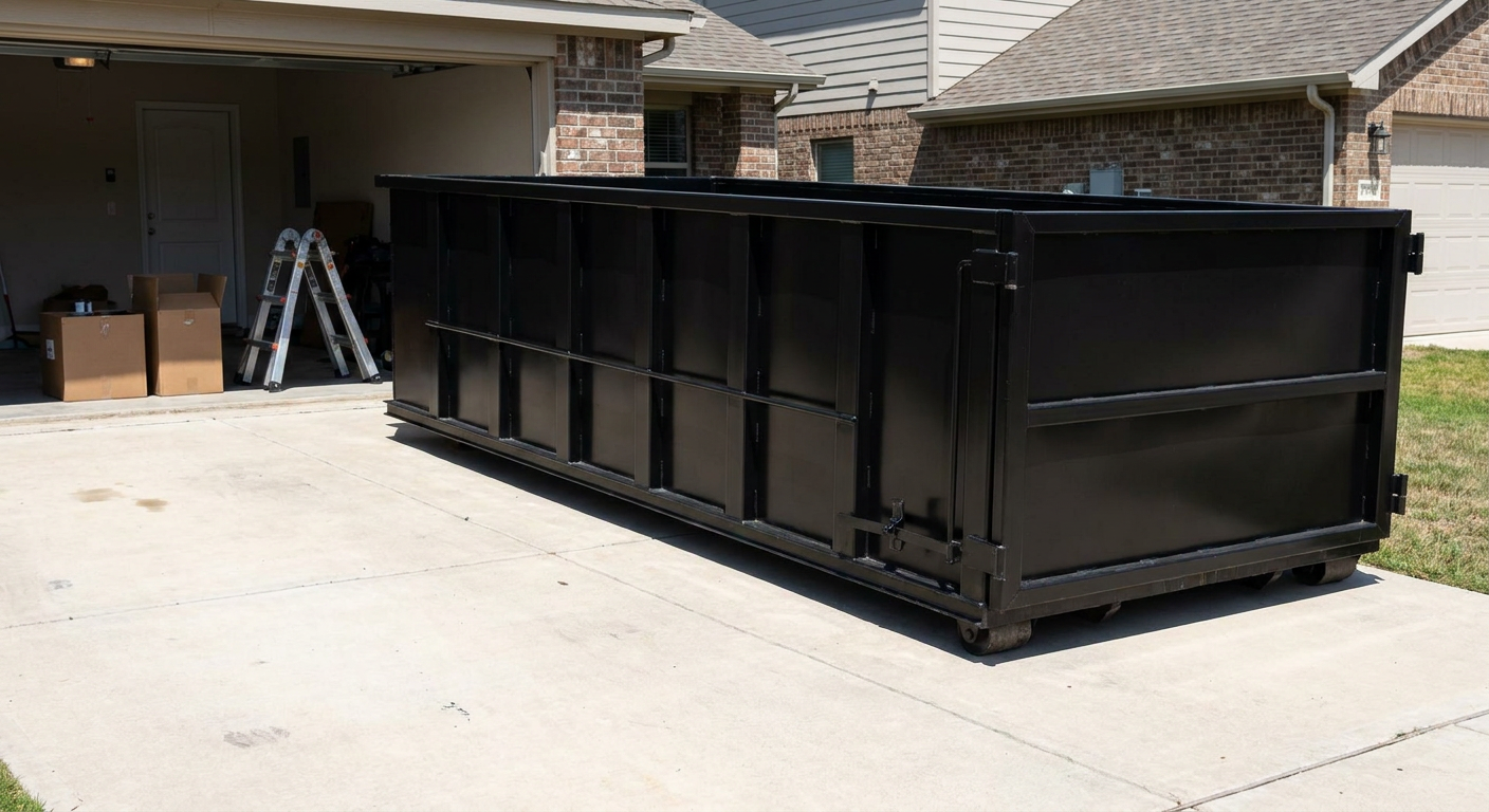 A matte-black 10-yard roll-off dumpster sitting directly on a residential Grand Prairie concrete driveway, mid-day sunlight, clean and ready for a garage cleanout.