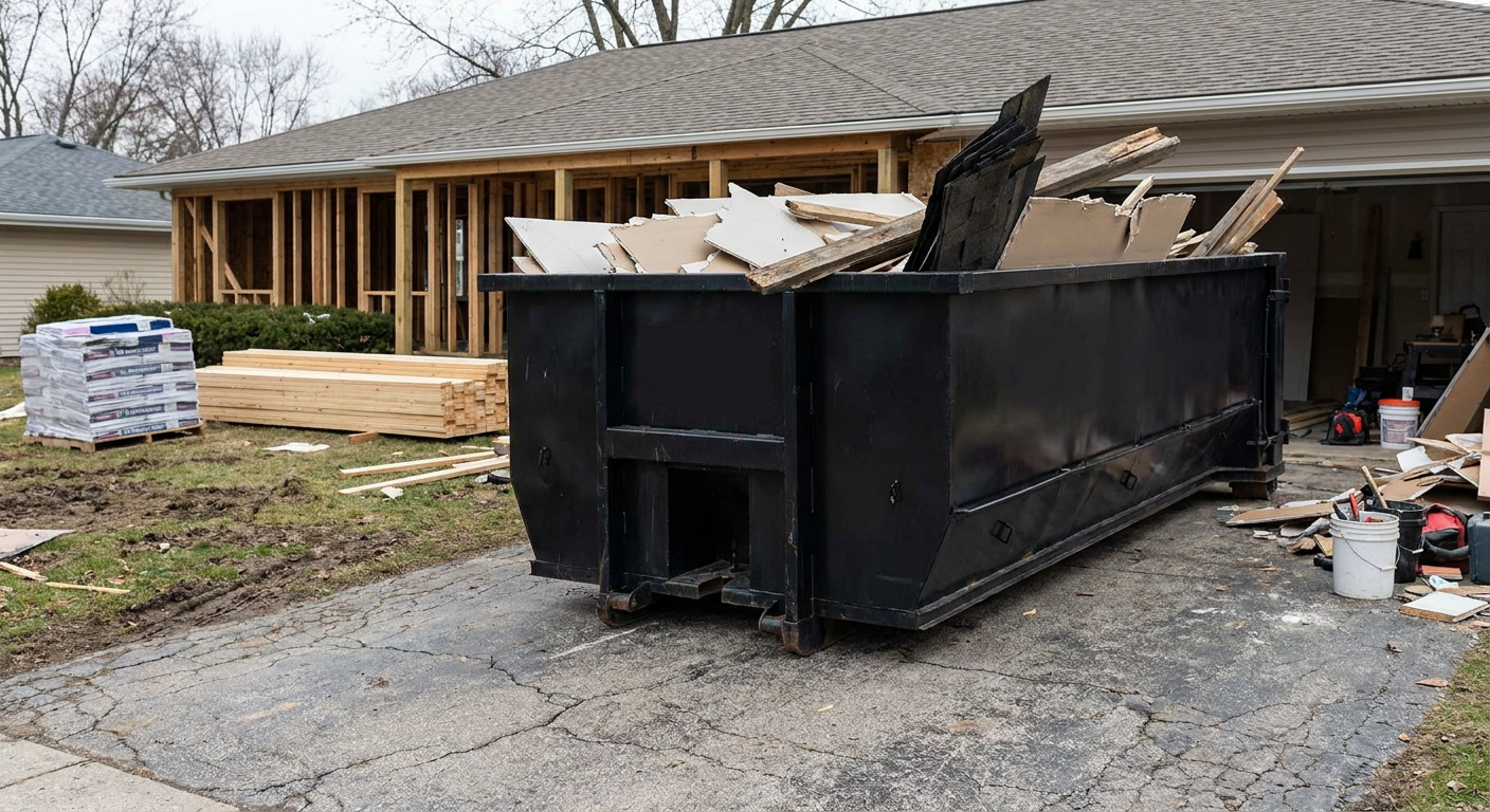 A matte-black 20-yard roll-off dumpster placed alongside a mid-renovation Grand Prairie home directly on the asphalt driveway, with framing materials and torn-off shingles staged neatly nearby.