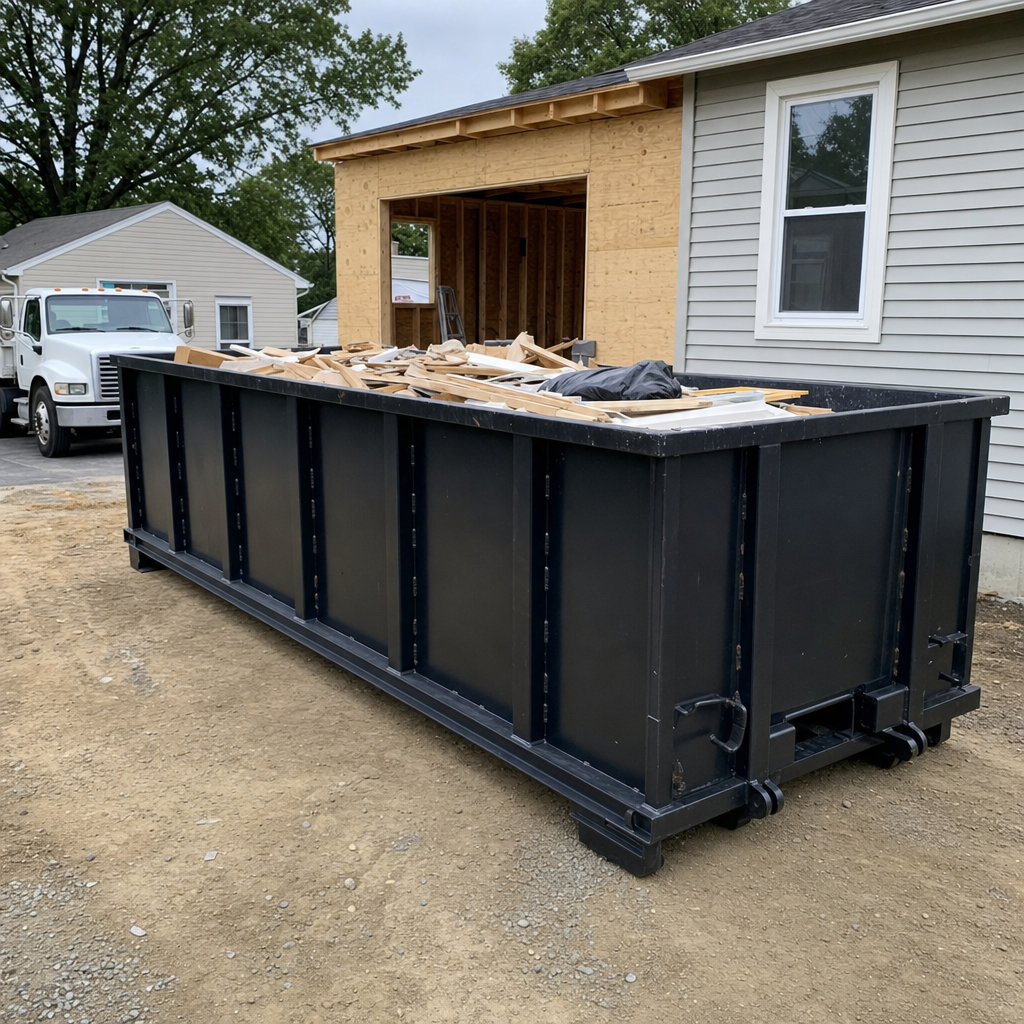 A matte-black 30-yard roll-off dumpster positioned at a Grand Prairie residential addition jobsite, with framing lumber and drywall scraps loaded through the open swinging rear doors.