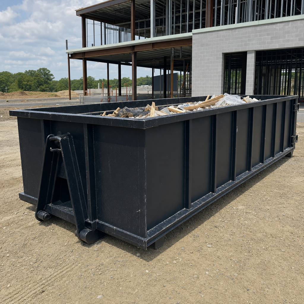 A matte-black 40-yard roll-off dumpster staged on a large Grand Prairie commercial construction lot, with a hooklift delivery truck parked alongside under bright midday sky.