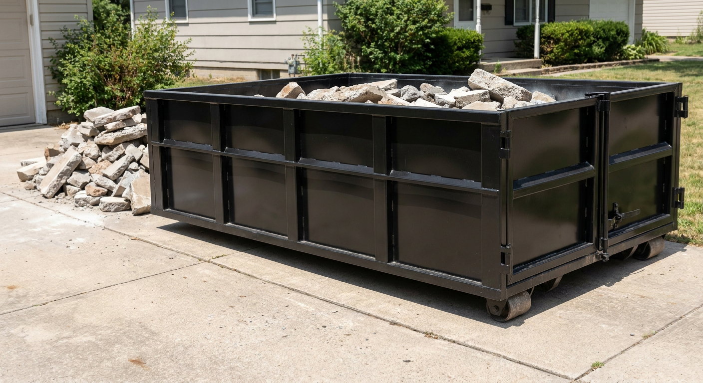 A matte-black low-side heavy-debris roll-off dumpster placed directly on a Grand Prairie concrete driveway, with broken concrete chunks neatly stacked beside it under clean daylight.